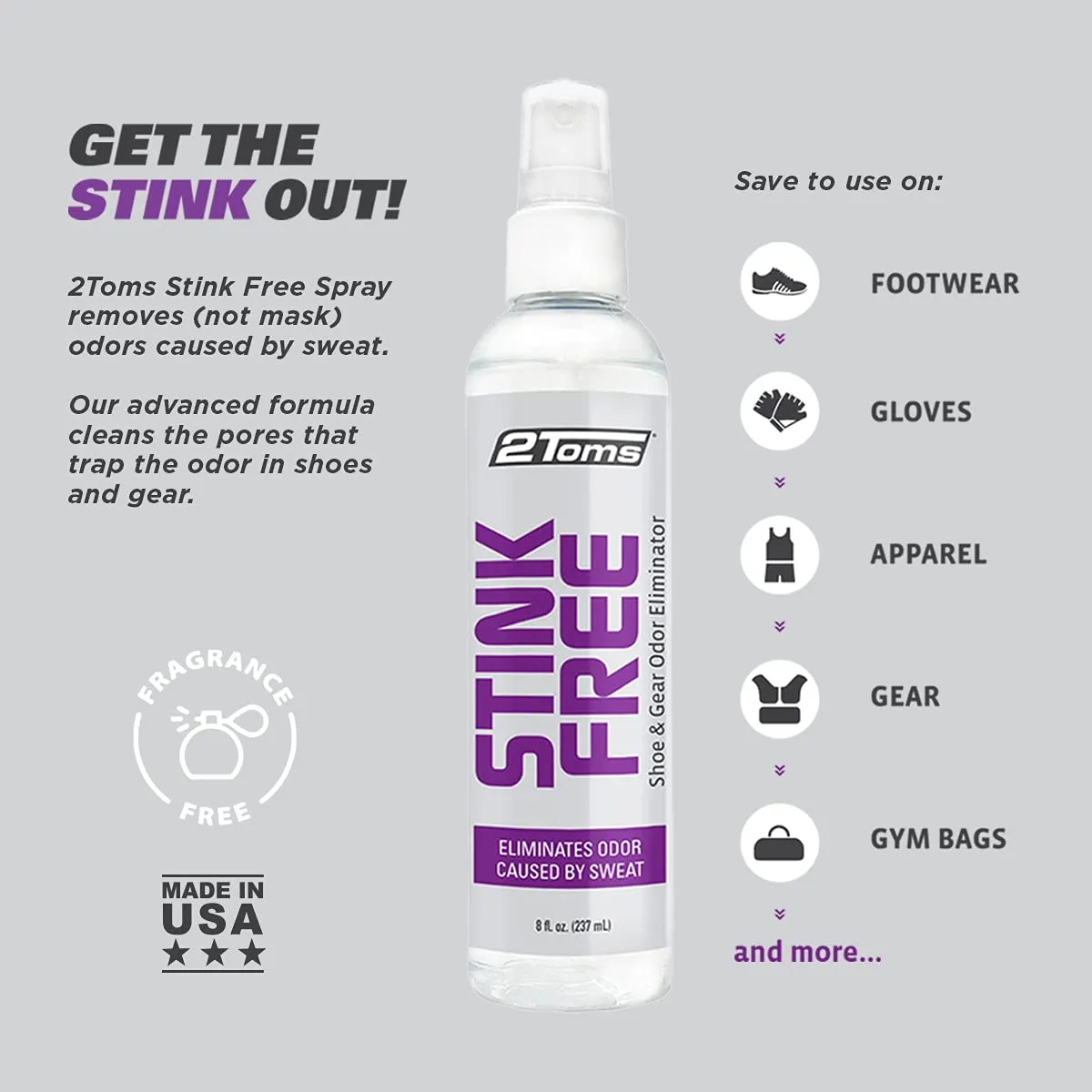 2Toms StinkFree Shoe Odor Eliminator Spray, Removes Gear Odors Caused by Sweat, 8 Ounce Bottle