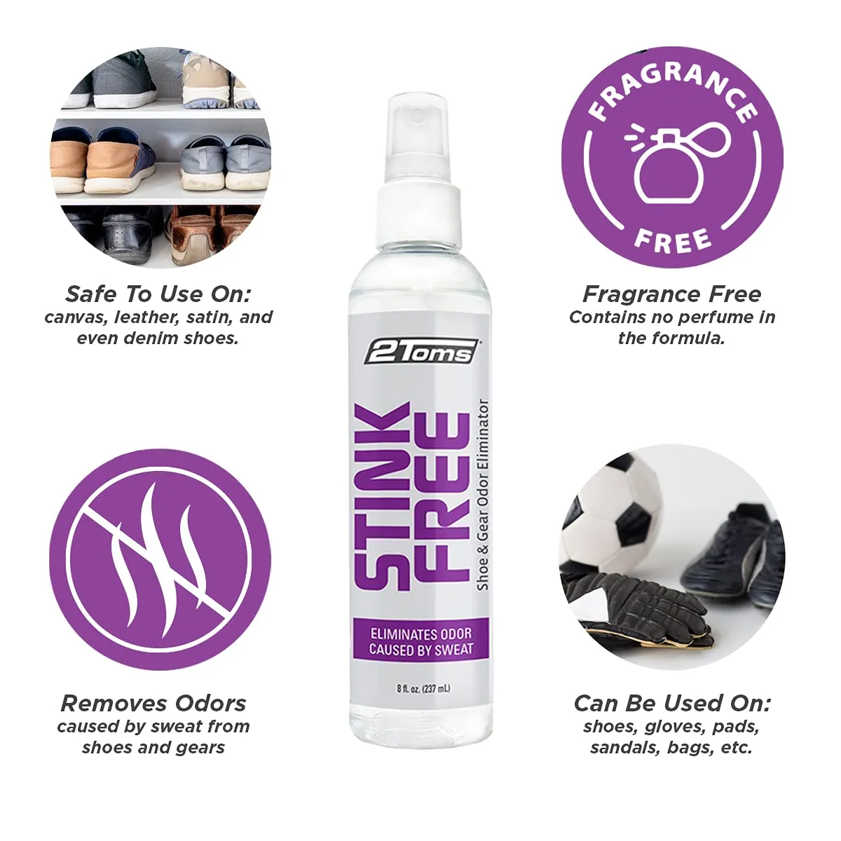 2Toms StinkFree Shoe Odor Eliminator Spray, Removes Gear Odors Caused by Sweat, 8 Ounce Bottle