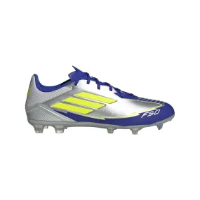 adidas F50 League Messi FG Firm Ground Soccer Cleats- Silver Metallic/Solar Yellow/Lucid Blue