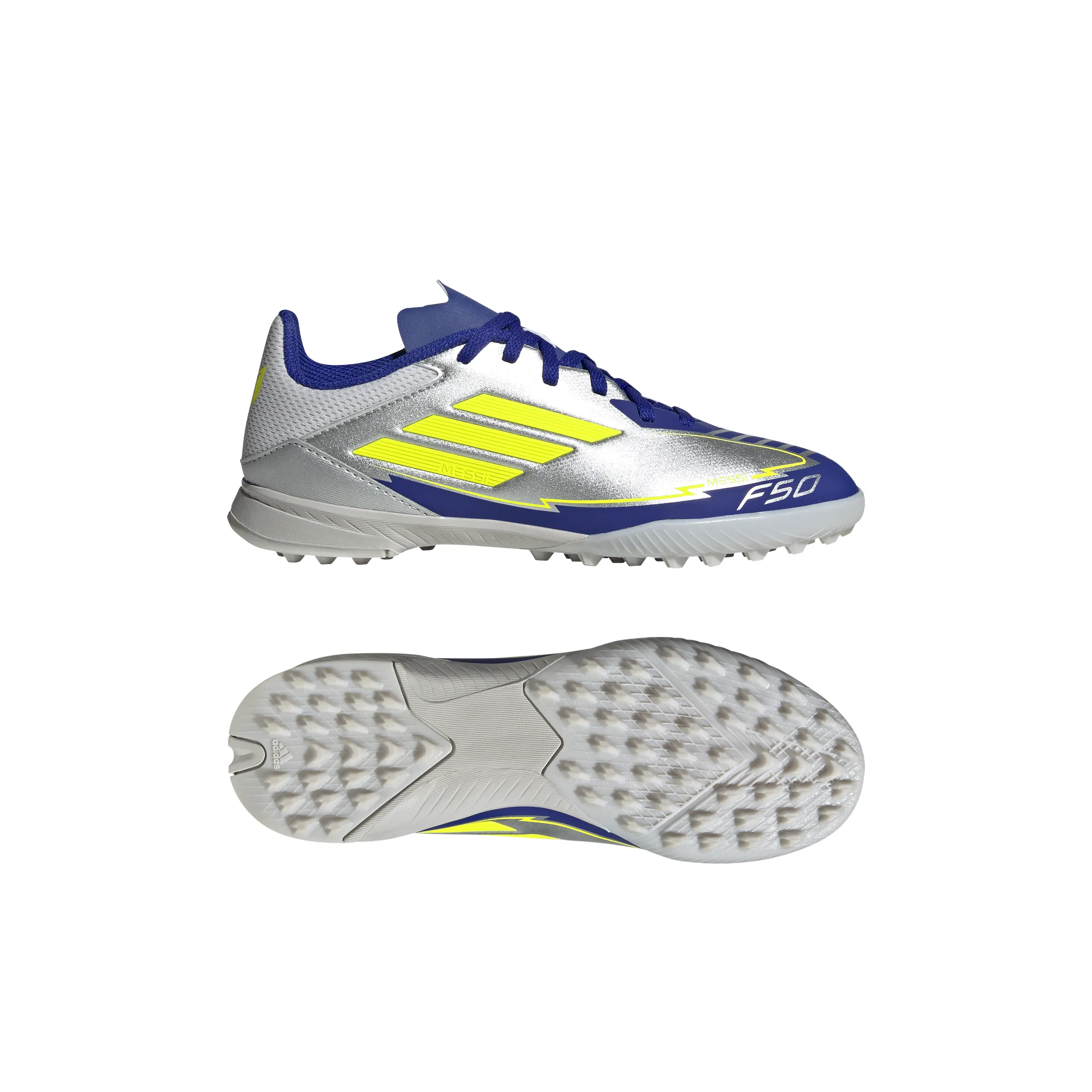 adidas Junior F50 League Messi TF Turf Soccer Cleats - Silver Metallic/Solar Yellow/Lucid Blue