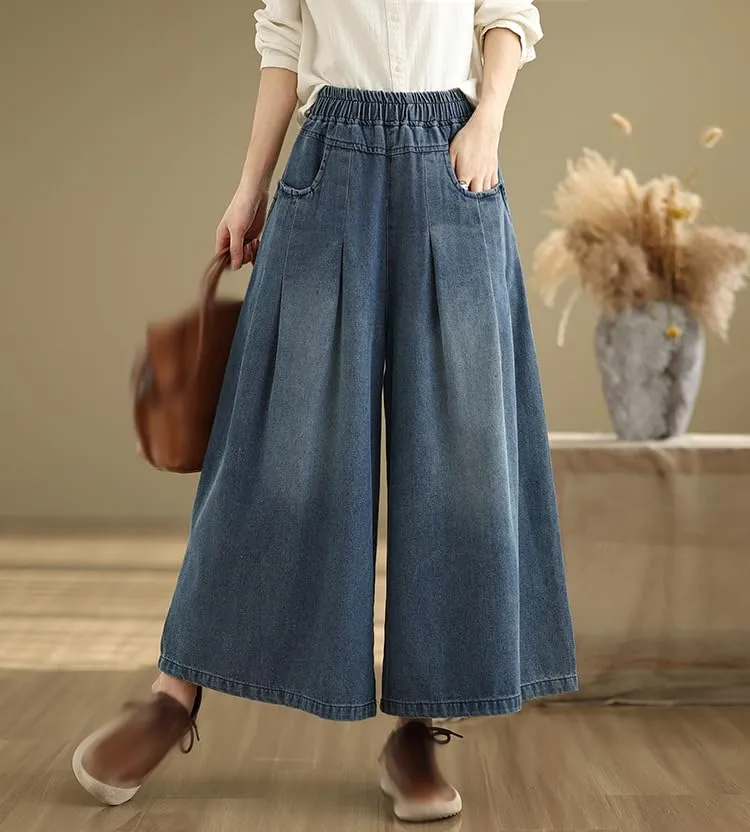 BK-Elastic Waist Double Pocket Wide Leg Trousers