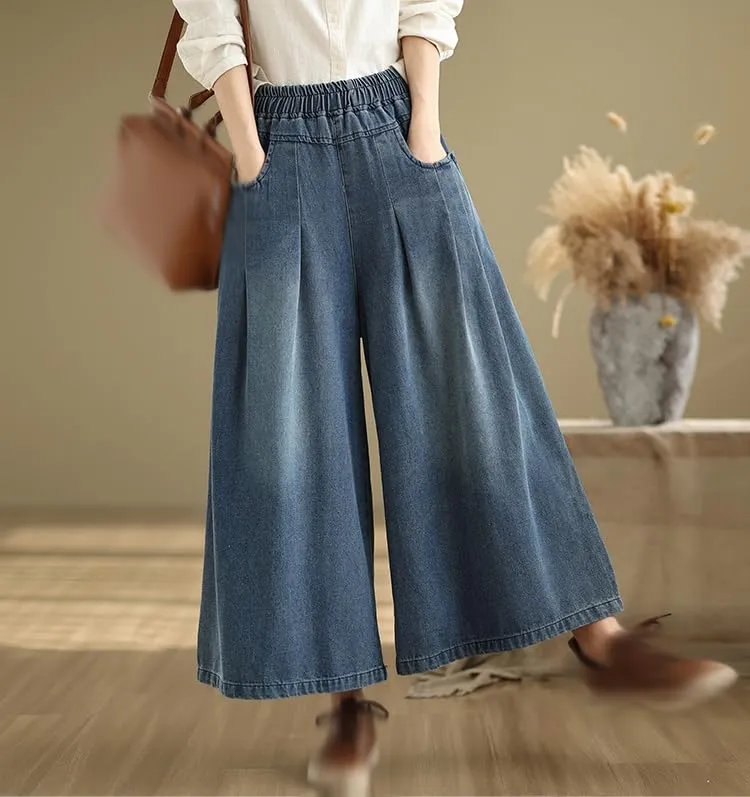 BK-Elastic Waist Double Pocket Wide Leg Trousers