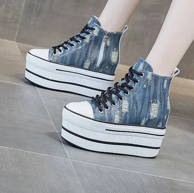 Denim and Leather Platform Wedge Heels Ankle Boots