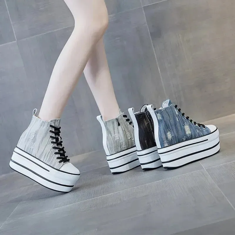 Denim and Leather Platform Wedge Heels Ankle Boots