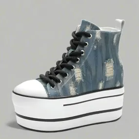 Denim and Leather Platform Wedge Heels Ankle Boots