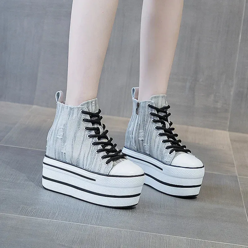 Denim and Leather Platform Wedge Heels Ankle Boots