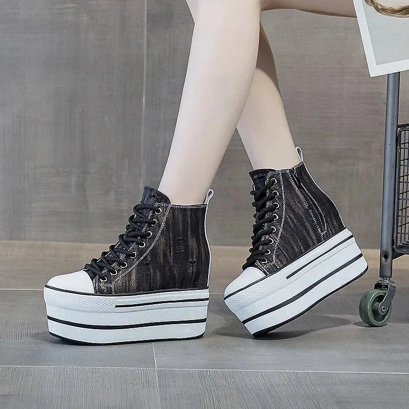 Denim and Leather Platform Wedge Heels Ankle Boots