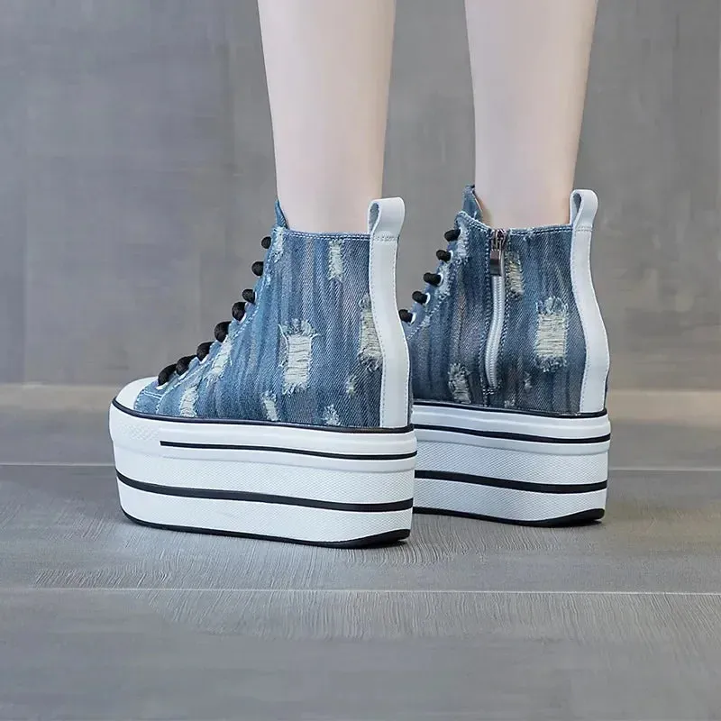 Denim and Leather Platform Wedge Heels Ankle Boots