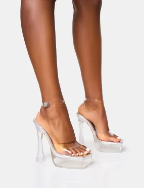 Doll Clear Perspex Strappy Ankle Platform Square Toe Flared Block Heels