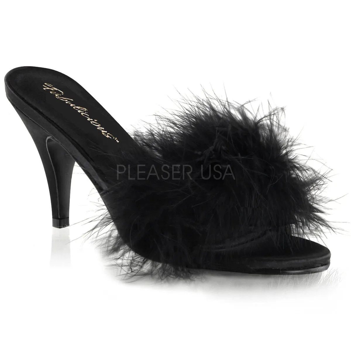 Feather Trim Slipper Shoe with 3-inch Heel 4-colors AMOUR-03