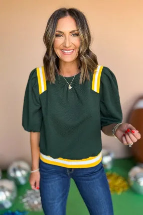 Green Contrast Stripe Elastic Band Textured Knit Top