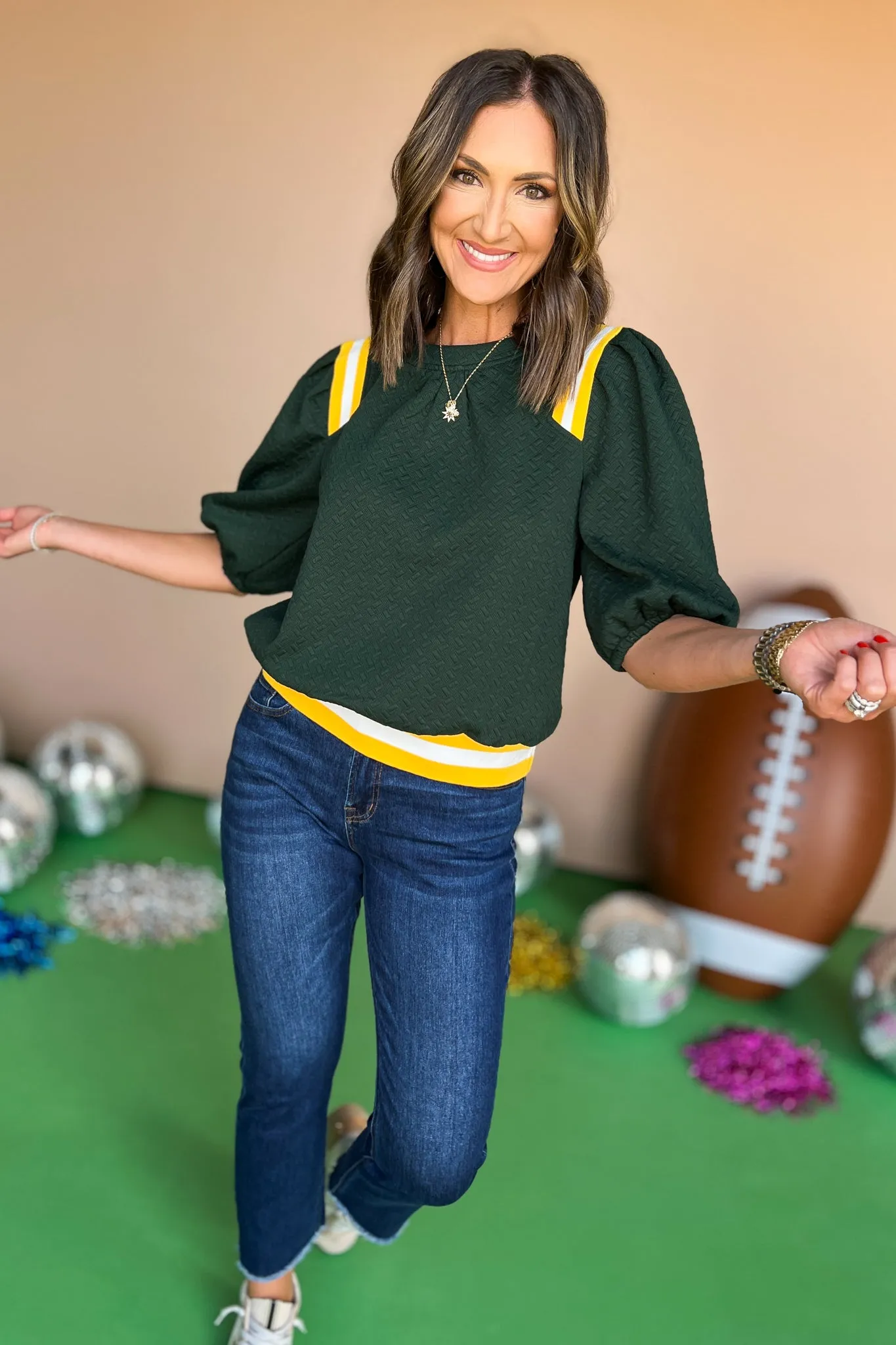 Green Contrast Stripe Elastic Band Textured Knit Top