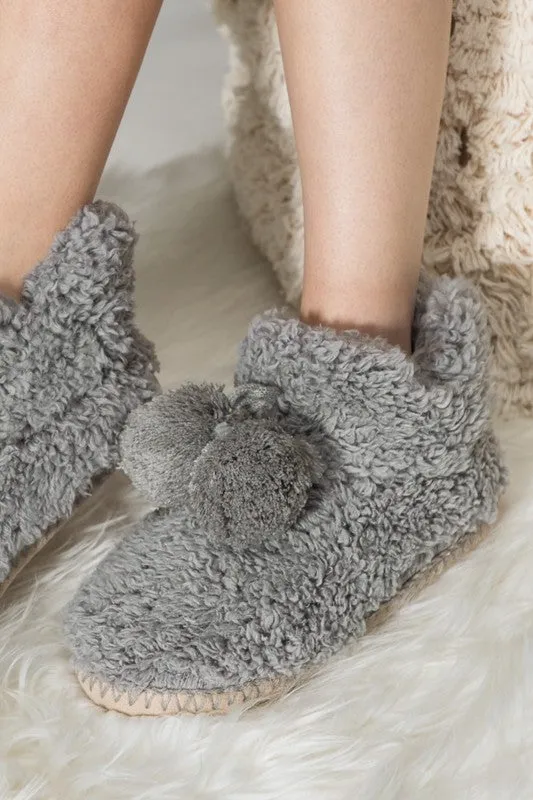 Grey Cozy Booties Slipper With Ball Accent