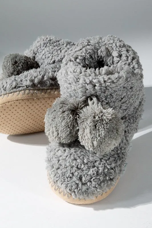 Grey Cozy Booties Slipper With Ball Accent