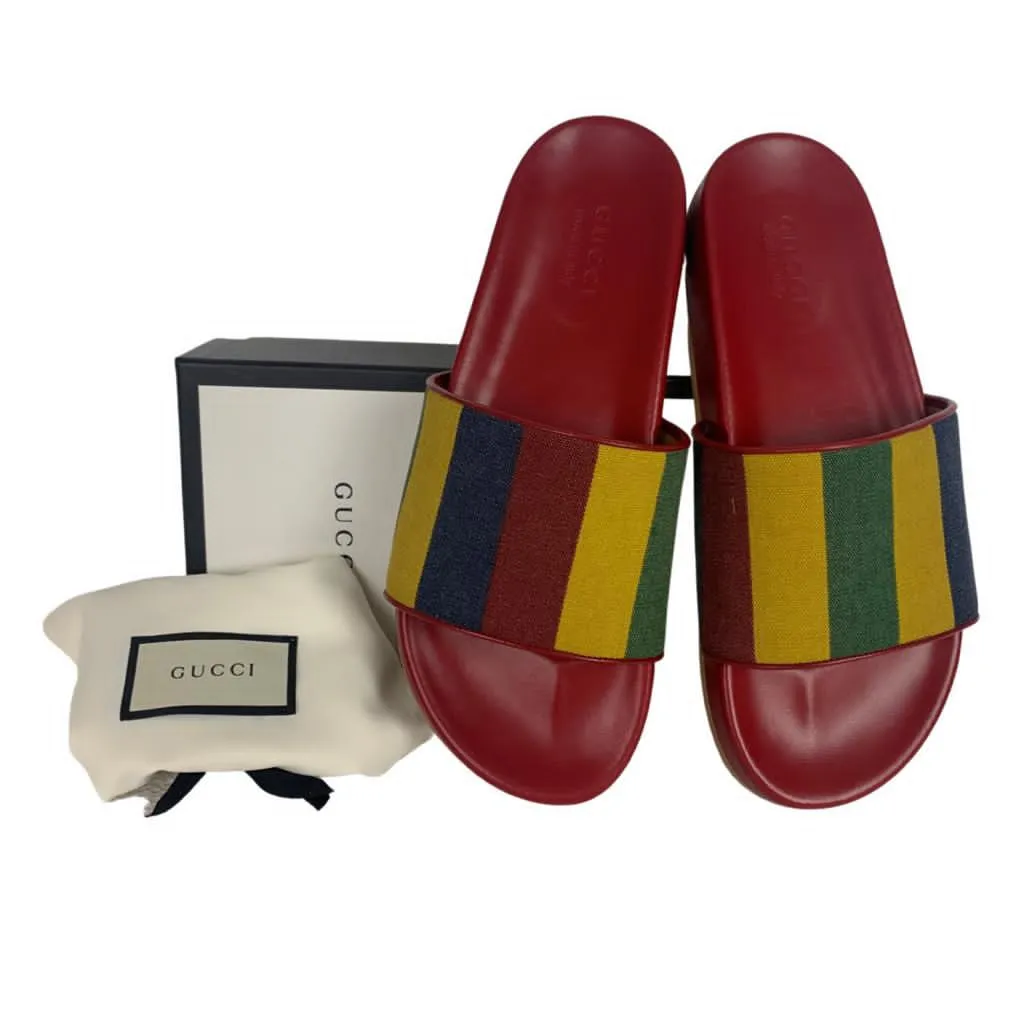 Gucci Men's Baiadera Slides Canvas Striped Sandals Red Multicolor