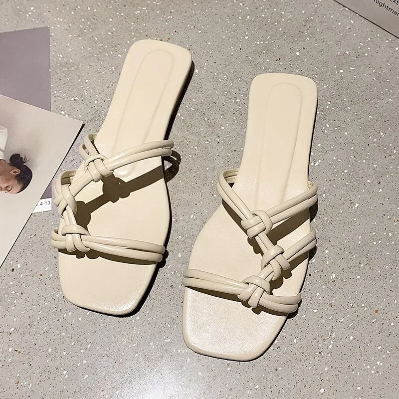 Narrow Band Weave Design Flat Slippers Women Summer Beach Slides Sandals  Casual Blue Slippers Women Shoes Plus Size 36-42