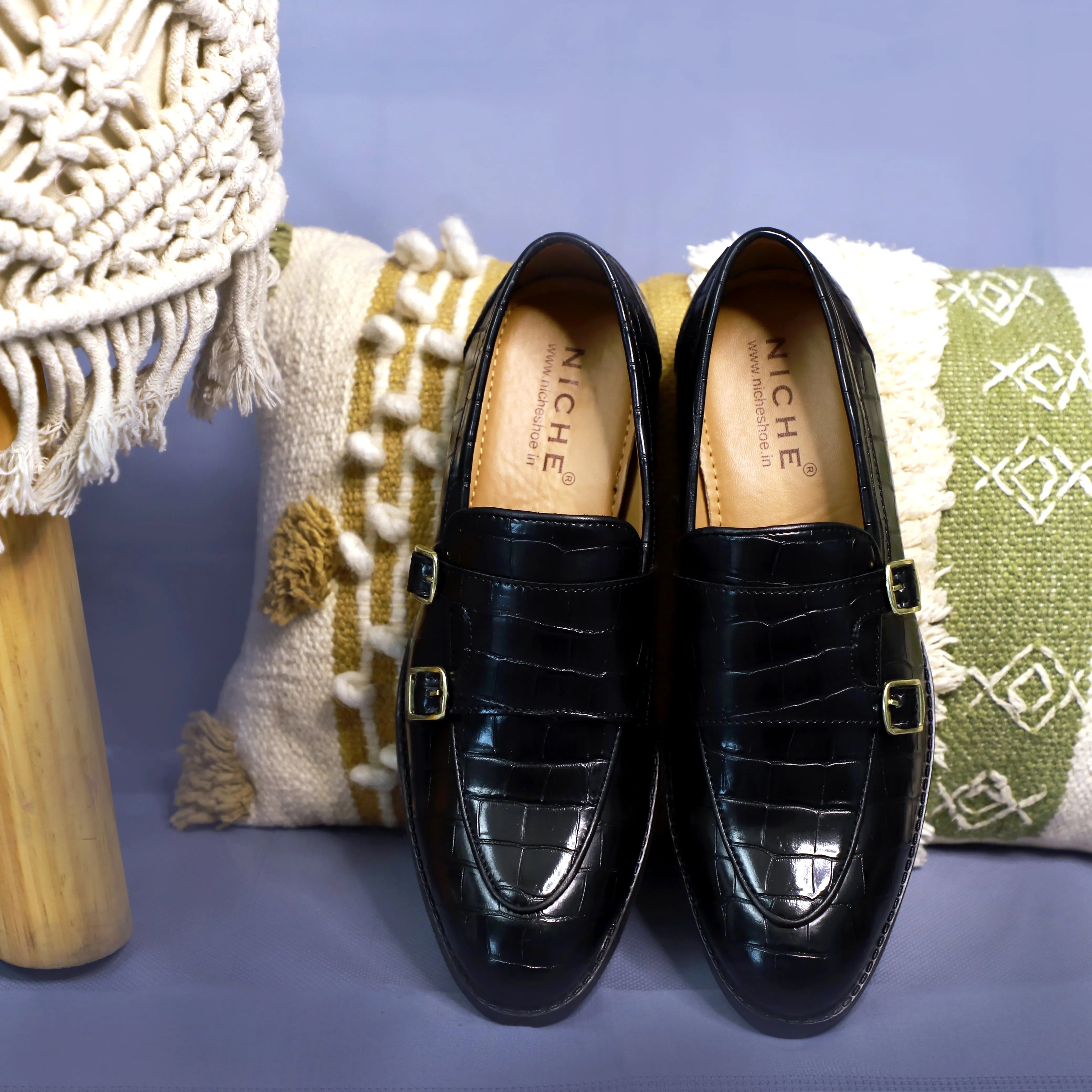 NICHE Black Croc Elite Double Monk Slip-Ons