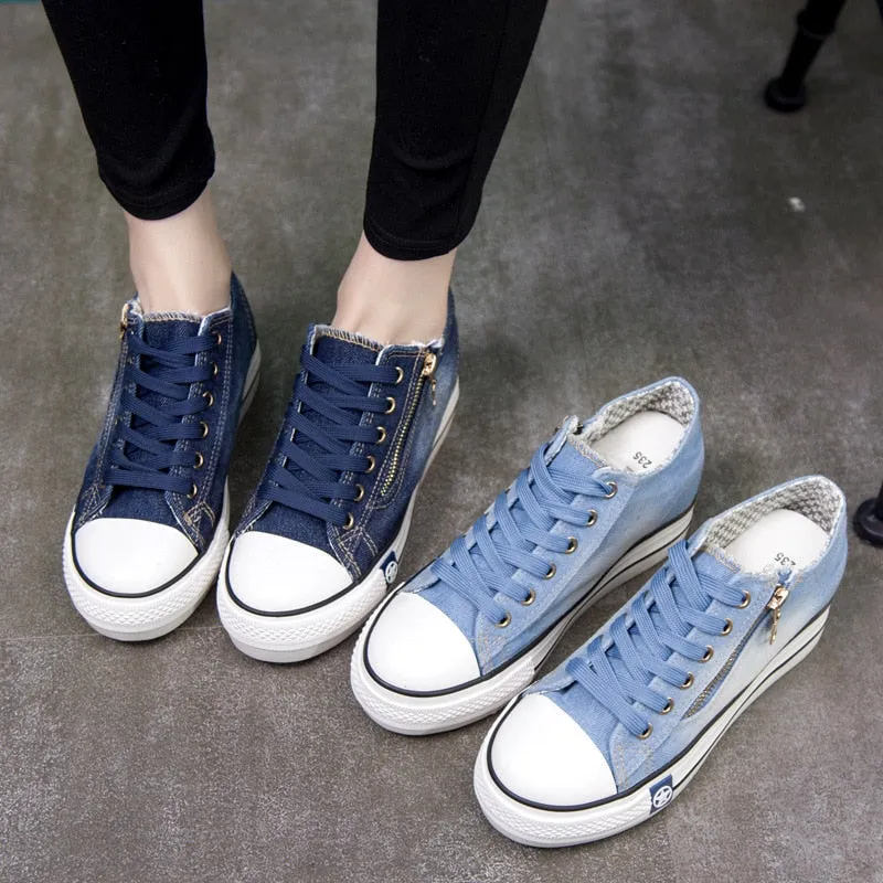 Spring Denim Canvas Shoes Female Korean Version Thick Bottom Shoes Women Shoe Canvas Shoes Lace Up Sneakers Plus Size 41