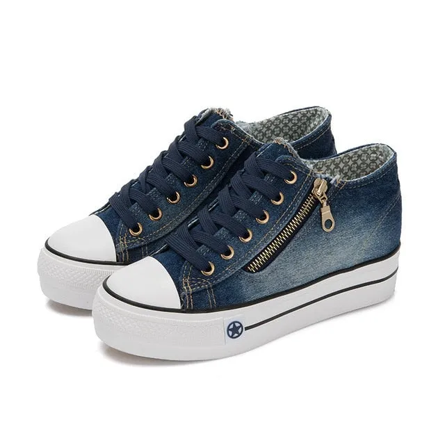 Spring Denim Canvas Shoes Female Korean Version Thick Bottom Shoes Women Shoe Canvas Shoes Lace Up Sneakers Plus Size 41
