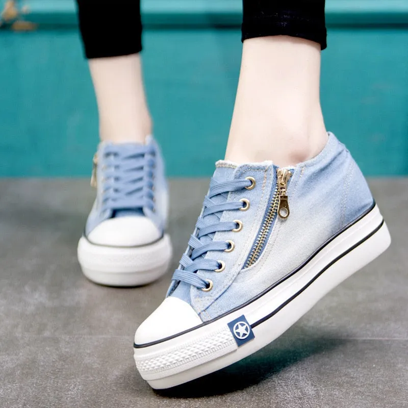 Spring Denim Canvas Shoes Female Korean Version Thick Bottom Shoes Women Shoe Canvas Shoes Lace Up Sneakers Plus Size 41