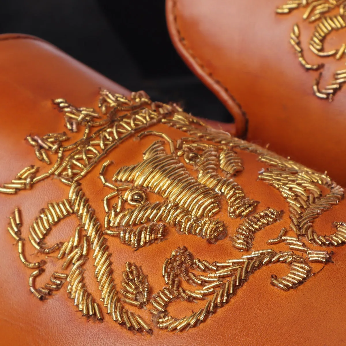 Tan Leather Slip-On for Men with Golden Lion Zardosi By Brune & Bareskin