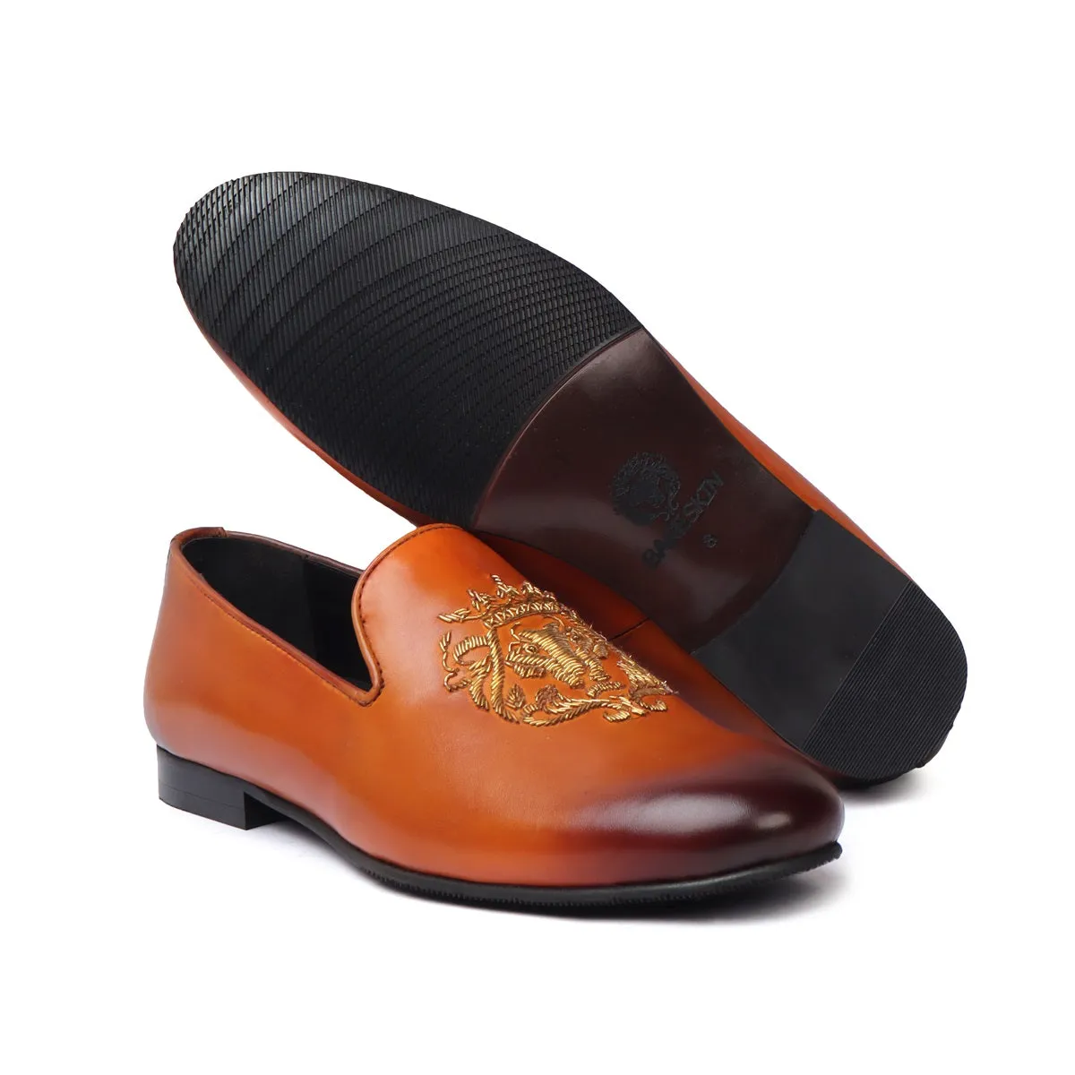 Tan Leather Slip-On for Men with Golden Lion Zardosi By Brune & Bareskin