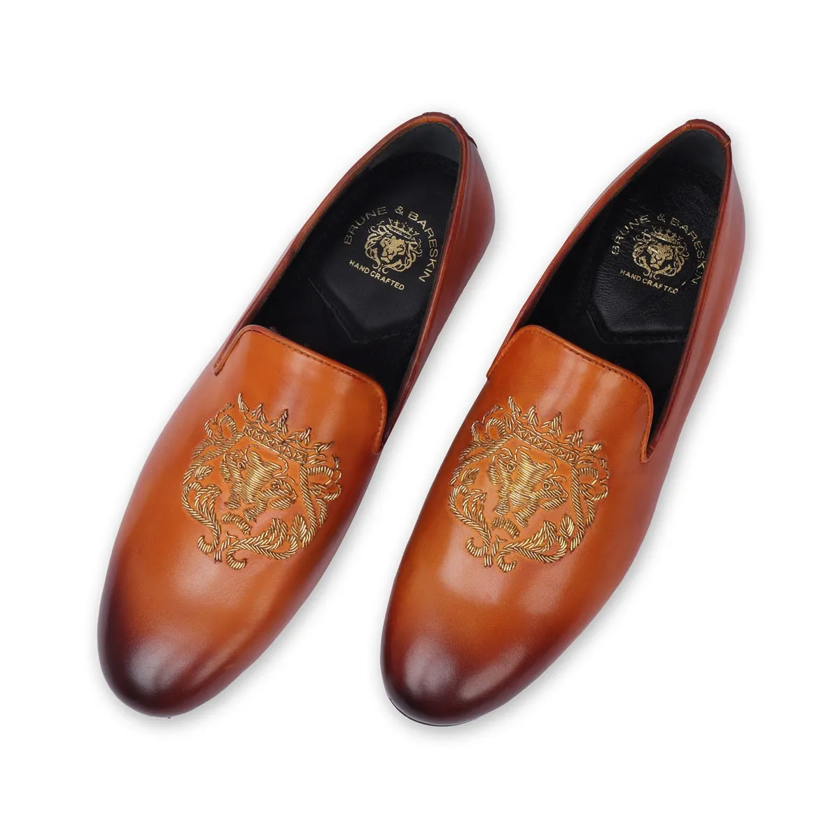 Tan Leather Slip-On for Men with Golden Lion Zardosi By Brune & Bareskin
