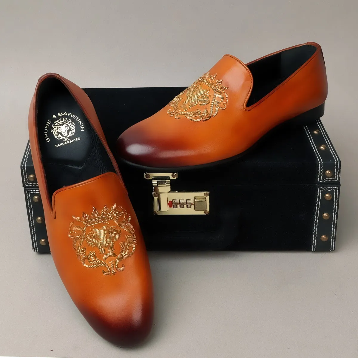 Tan Leather Slip-On for Men with Golden Lion Zardosi By Brune & Bareskin