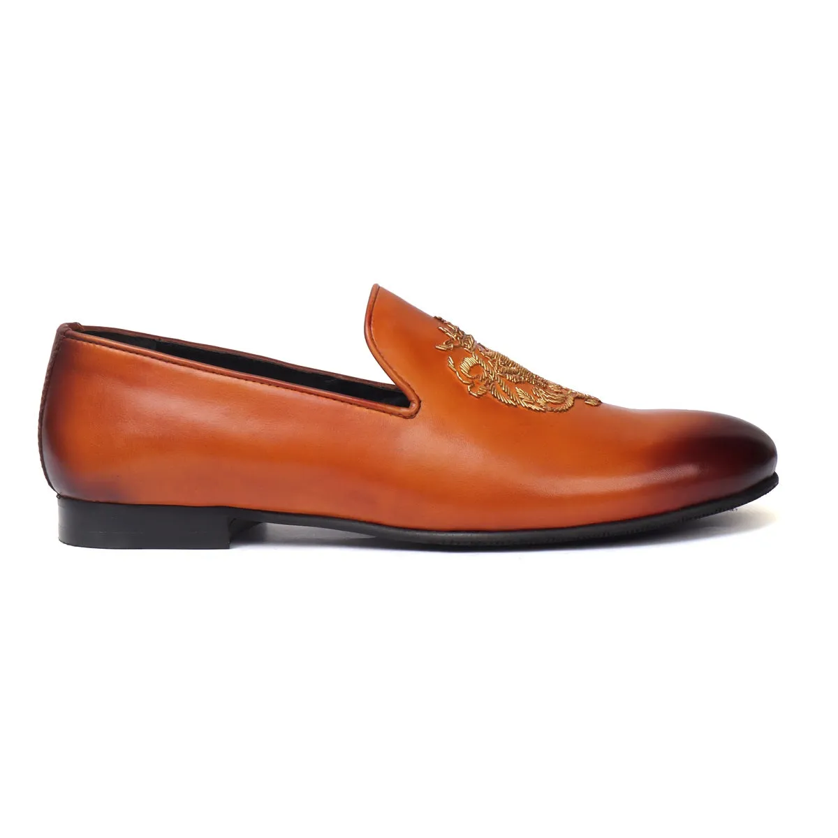 Tan Leather Slip-On for Men with Golden Lion Zardosi By Brune & Bareskin