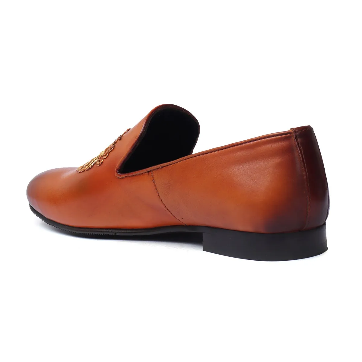 Tan Leather Slip-On for Men with Golden Lion Zardosi By Brune & Bareskin