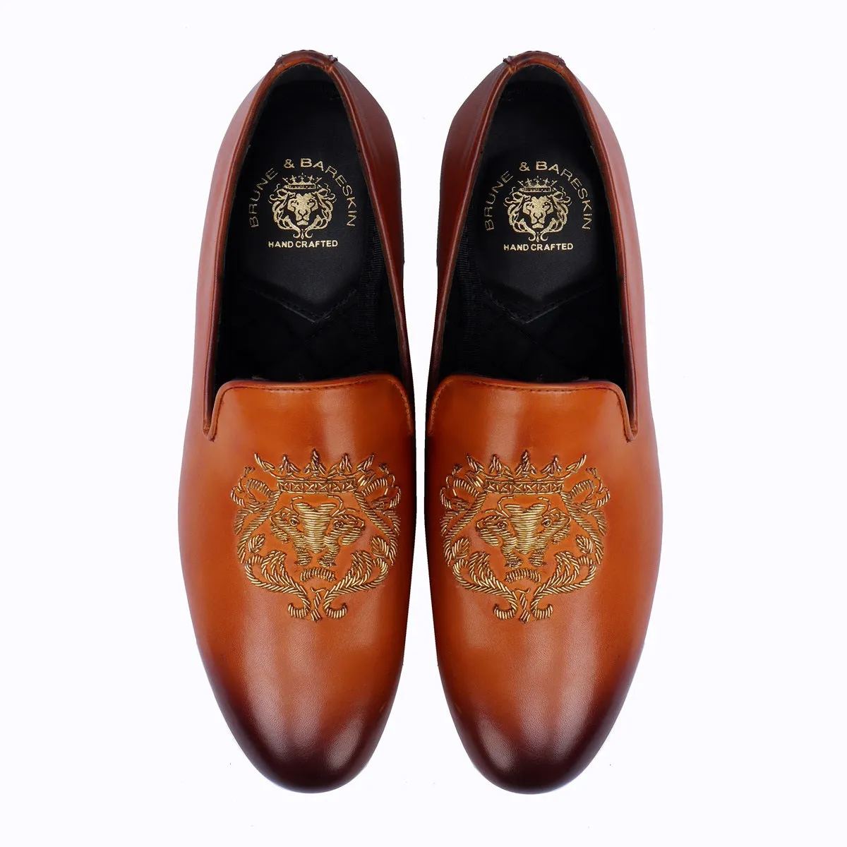 Tan Leather Slip-On for Men with Golden Lion Zardosi By Brune & Bareskin