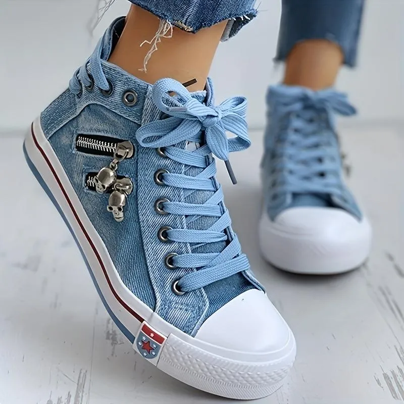 Women's Denim High Top Trainers Lace Up Casual Shoes