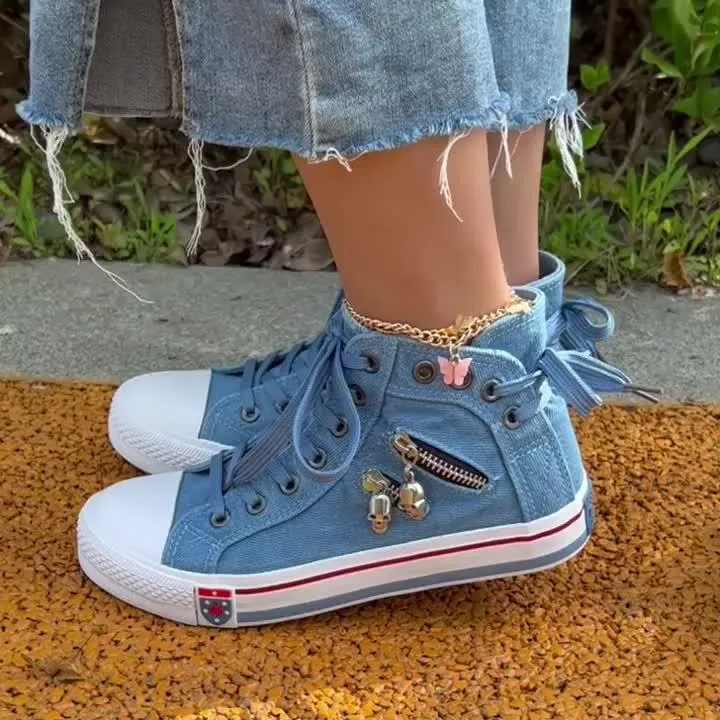 Women's Denim High Top Trainers Lace Up Casual Shoes