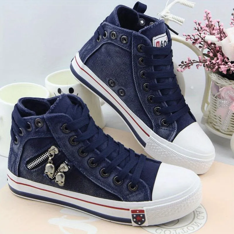 Women's Denim High Top Trainers Lace Up Casual Shoes