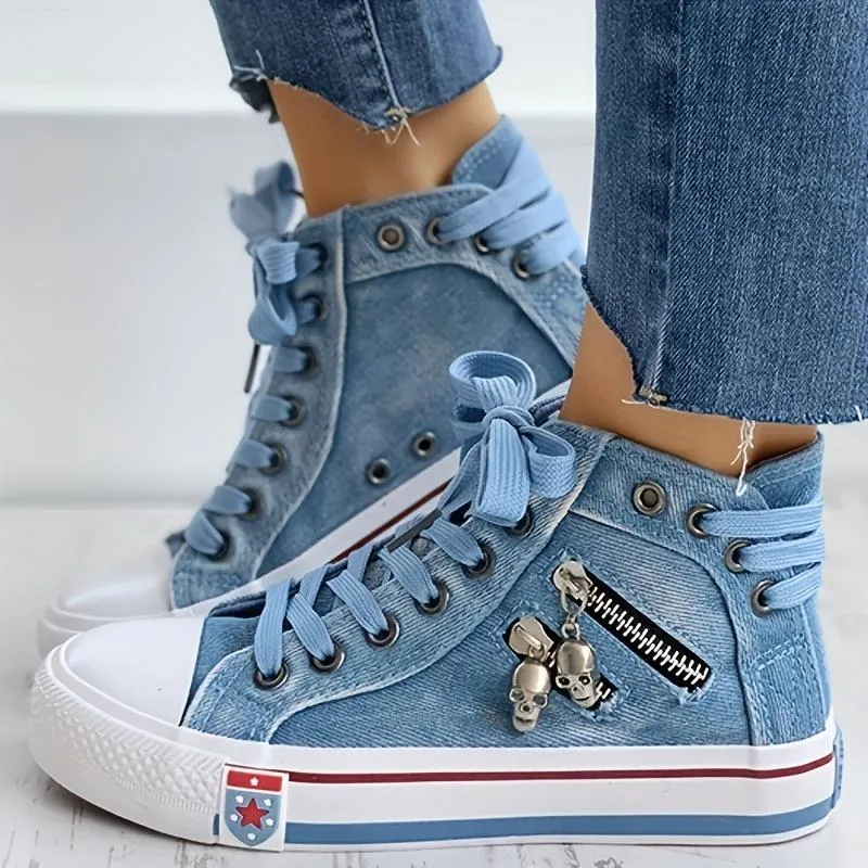 Women's Denim High Top Trainers Lace Up Casual Shoes