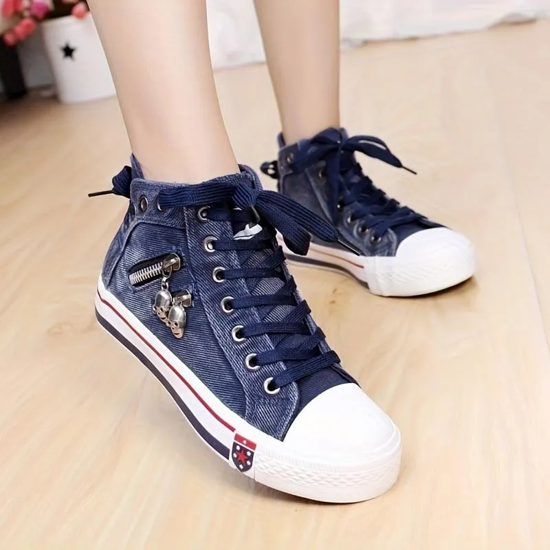 Women's Denim High Top Trainers Lace Up Casual Shoes
