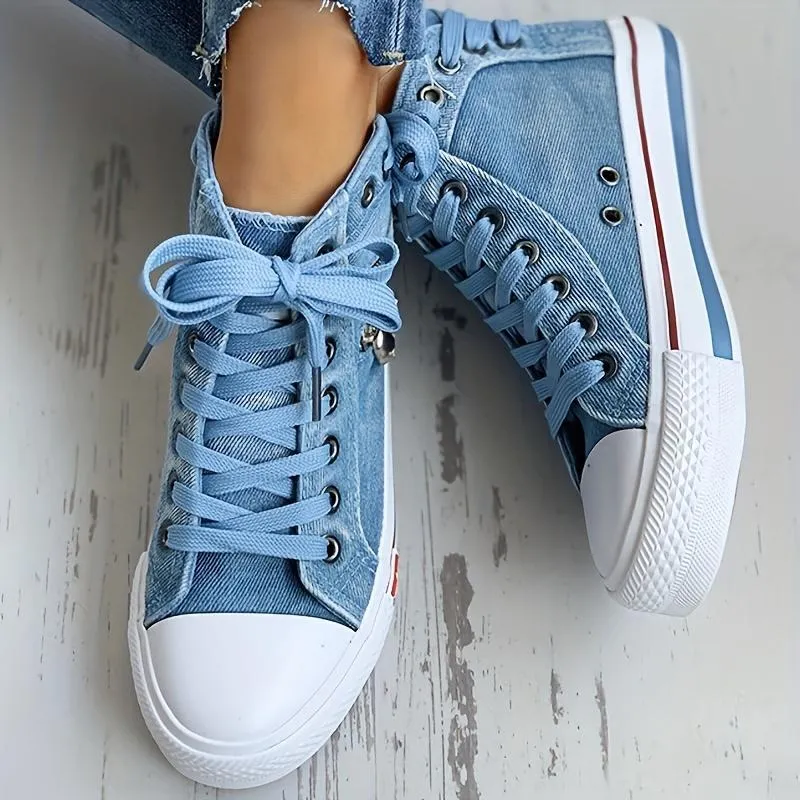 Women's Denim High Top Trainers Lace Up Casual Shoes