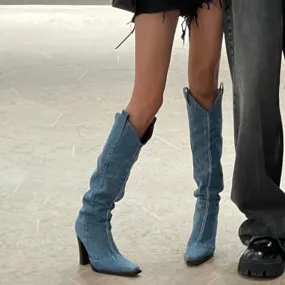 xiangtuibao Western Cowboy Boots women Spring and Autumn New European and American Pointed High Heel below Knee High Leg Boot Sleeve