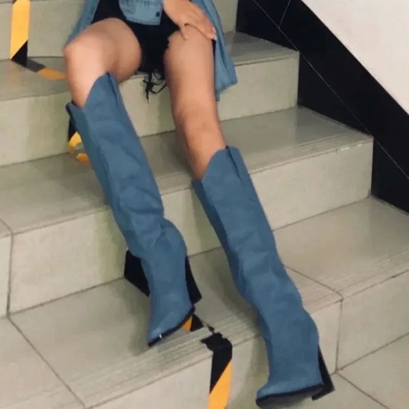 xiangtuibao Western Cowboy Boots women Spring and Autumn New European and American Pointed High Heel below Knee High Leg Boot Sleeve